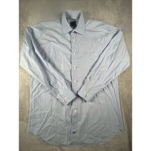 David Donahue Shirt Men 16 32/33 Blue White Plaid Dress Long Sleeve Button Front